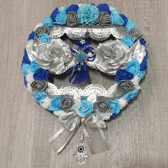 Hamsa Wreath Floral Hanger Evil Eye Blue Silver Wall and Door Home Office Decor